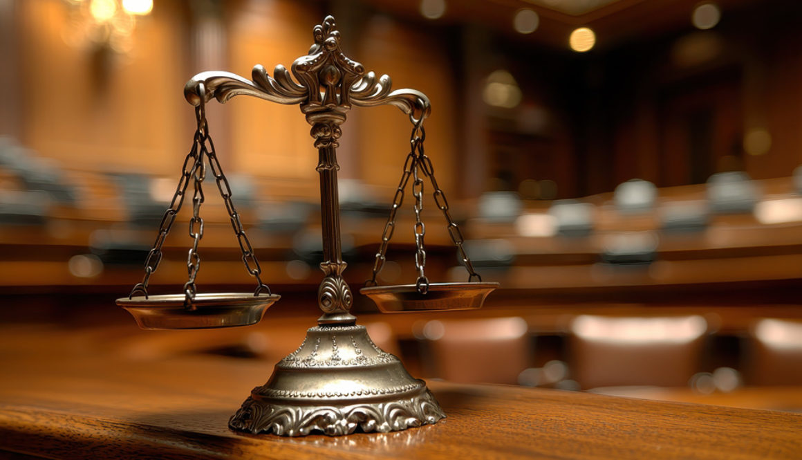 A bustling stock exchange board, presided over by an imposing gavel-wielding judge, where intricate financial laws were weighed and measured on scales of justice