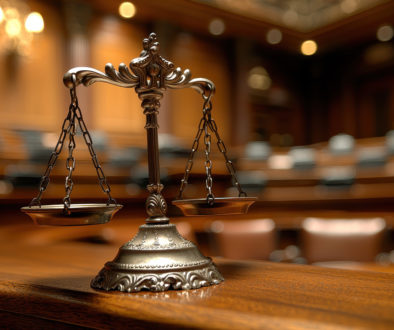 A bustling stock exchange board, presided over by an imposing gavel-wielding judge, where intricate financial laws were weighed and measured on scales of justice